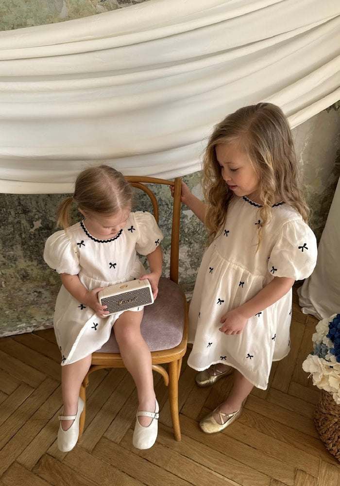 Kids girls French Luxe Bow Puff Dress - Black/ivory (pre order) - Fox Baby & Co