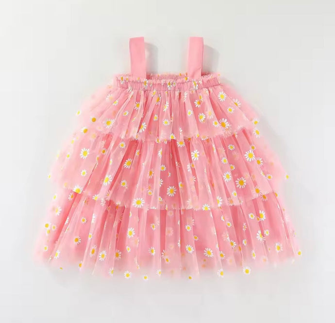 Kids Little Girl Daisy Floral Birthday Tutu Tulle Dress - Pink/Yellow - Fox Baby & Co