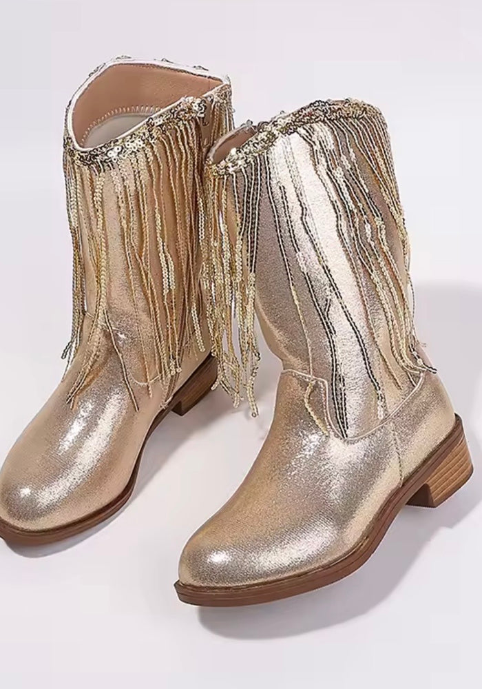 ✨ Gold Sparkle Fringe Cowgirl Boots