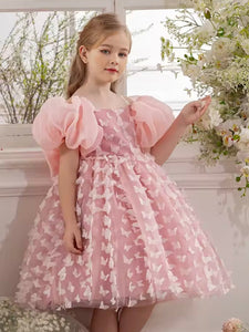 Bella Butterfly Flower Girl Kids Puff Sleeve Party Dress - Pink - Fox Baby & Co