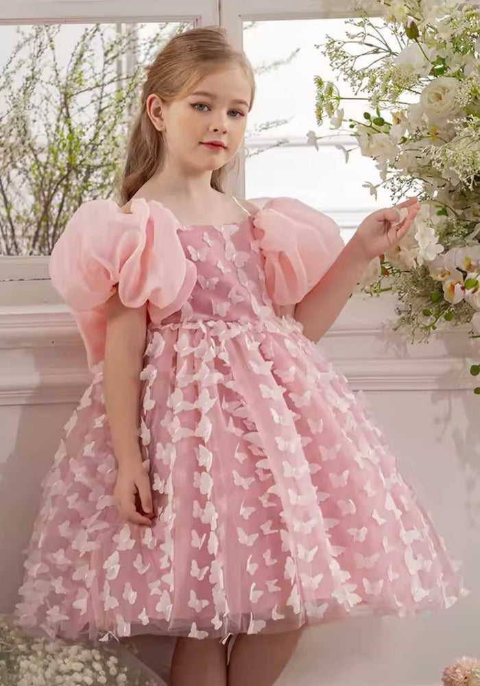 Bella Butterfly Flower Girl Kids Puff Sleeve Party Dress - Pink - Fox Baby & Co