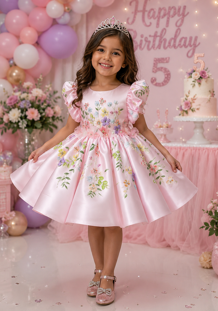Pretty Floral Little Girls Luxe Dress - Baby Pink
