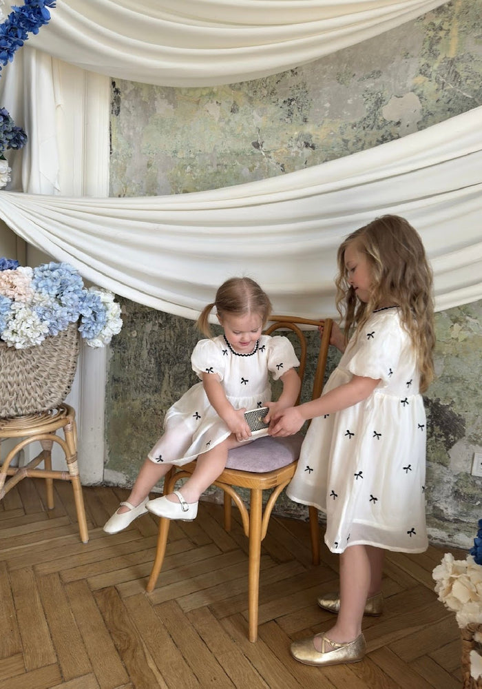 Kids girls French Luxe Bow Puff Dress - Black/ivory (pre order) - Fox Baby & Co