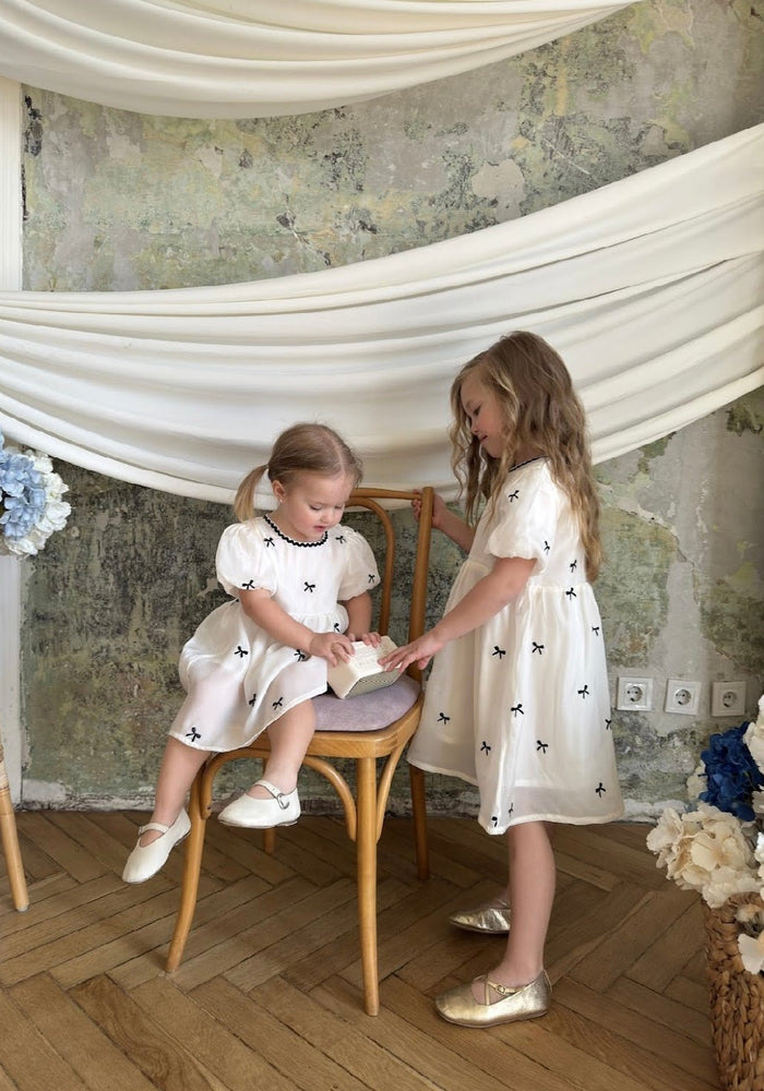 Kids girls French Luxe Bow Puff Dress - Black/ivory (pre order) - Fox Baby & Co