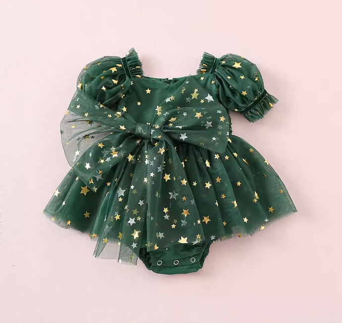 Kids girls Christmas Luxe Puff Tulle Romper - Green Sparkle - Fox Baby & Co