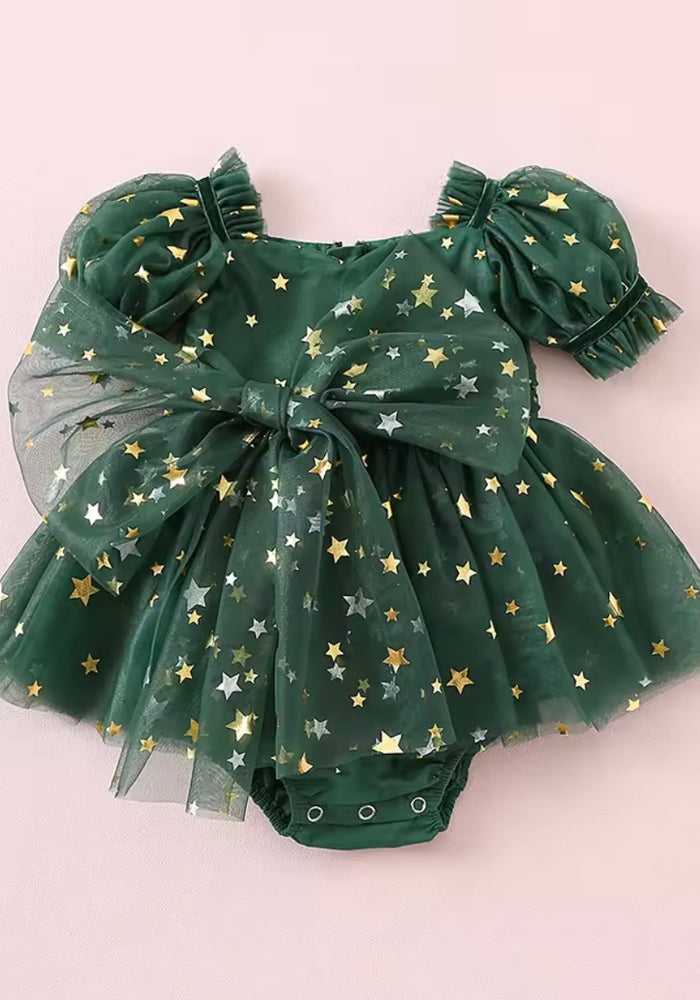Kids girls Christmas Luxe Puff Tulle Romper - Green Sparkle