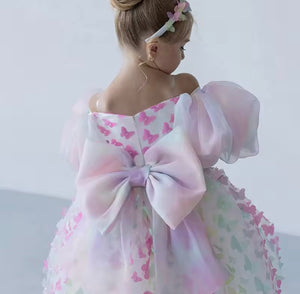 Bella Butterfly Flower Girl Kids Puff Sleeve Party Dress - Rainbow - Fox Baby & Co