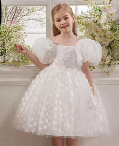 Bella Butterfly Flower Girl Kids Puff Sleeve Party Dress - White - Fox Baby & Co