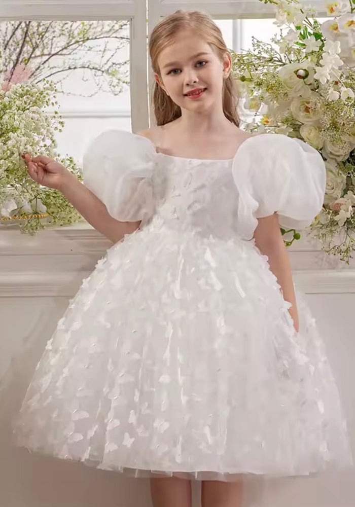 Bella Butterfly Flower Girl Kids Puff Sleeve Party Dress - White - Fox Baby & Co