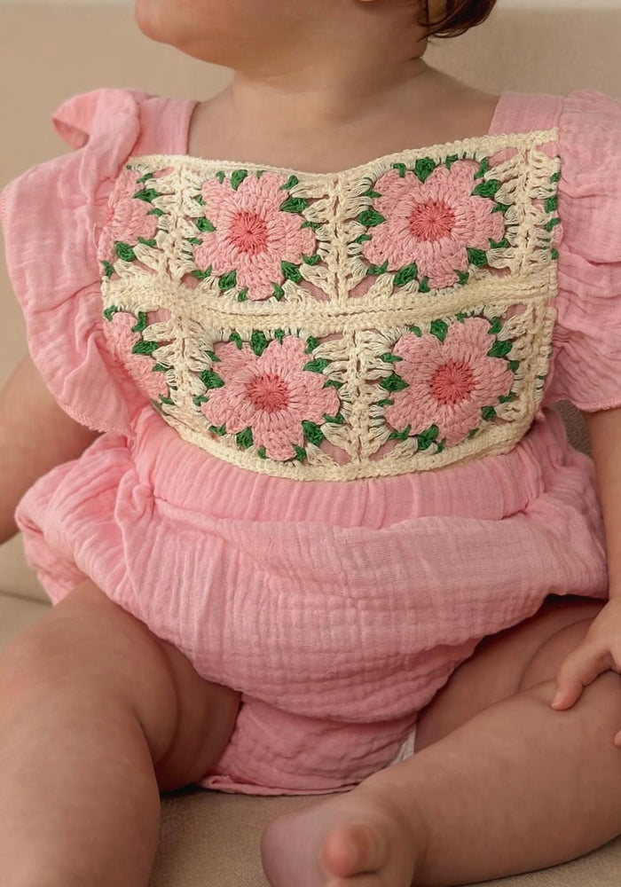 Pink Flower Crocheted Romper & Bow - Fox Baby & Co