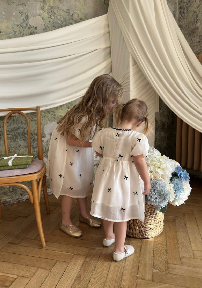 Kids girls French Luxe Bow Puff Dress - Black/ivory (pre order) - Fox Baby & Co