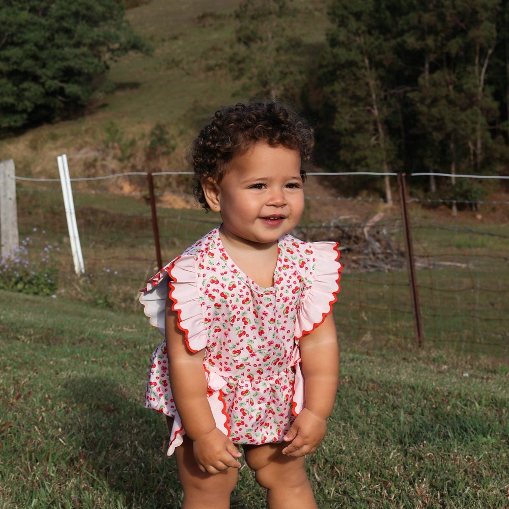 Cherry Floral Frill Bow Romper (pre order) - Fox Baby & Co