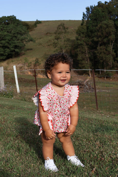 Cherry Floral Frill Bow Romper (pre order) - Fox Baby & Co