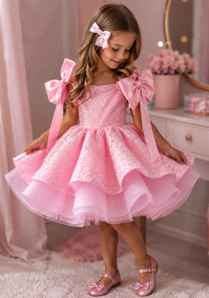 Little Girls Pink Sparkle Bow Luxe Princess Tulle Dress