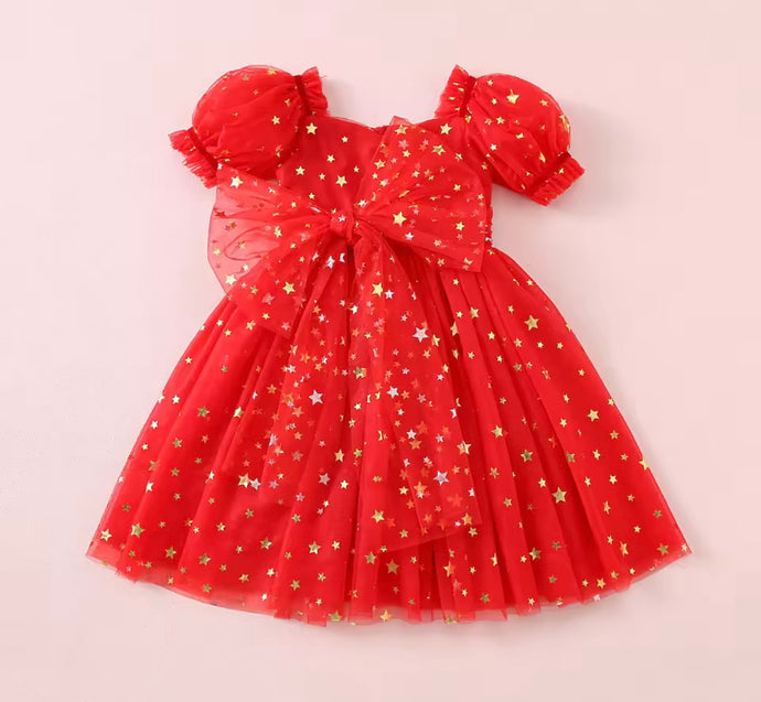 Kids girls Christmas Luxe Puff Tulle Dress - Red Stars