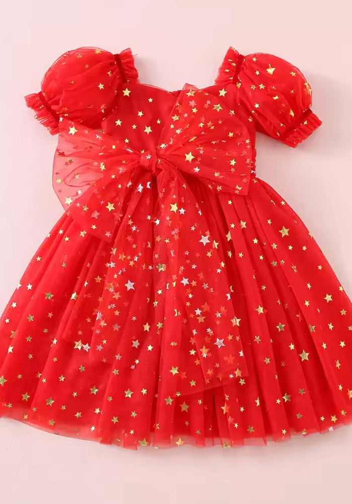 Kids girls Christmas Luxe Puff Tulle Dress - Red Stars