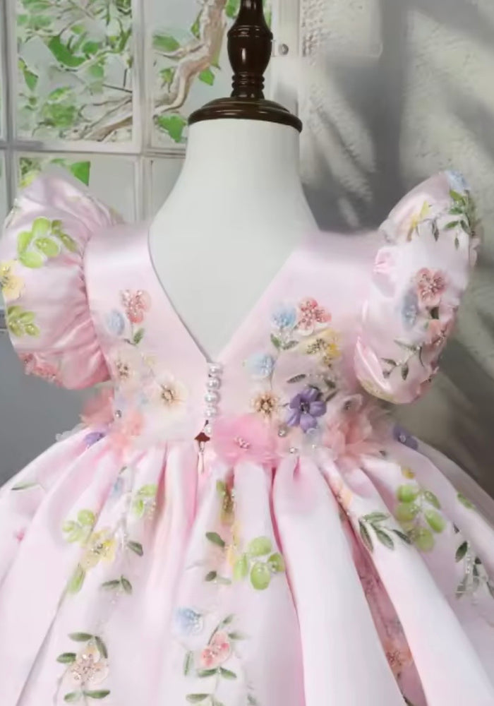 Pretty Floral Little Girls Luxe Dress - Baby Pink