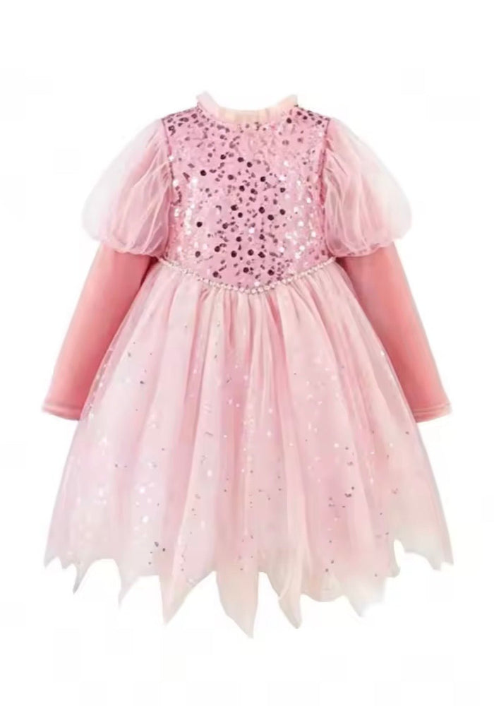 Aurora luxe Sparkle Princess Birthday Long Sleeve Party Dress Costume & Cape - Pink