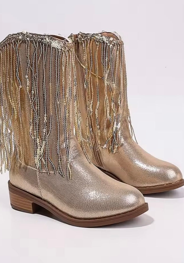 ✨ Gold Sparkle Fringe Cowgirl Boots