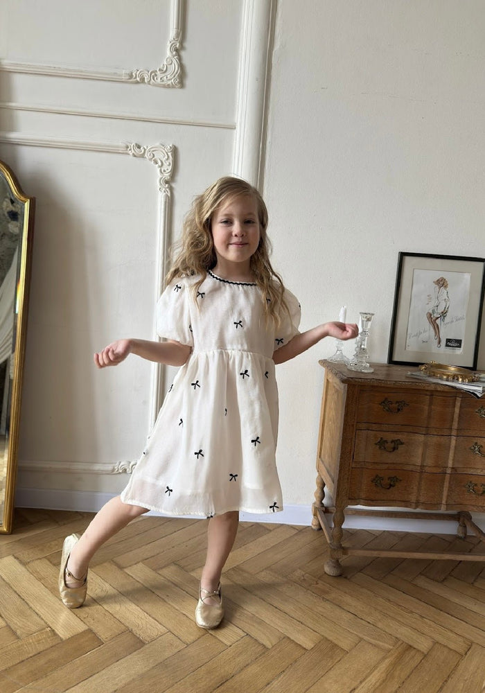 Kids girls French Luxe Bow Puff Dress - Black/ivory (pre order) - Fox Baby & Co