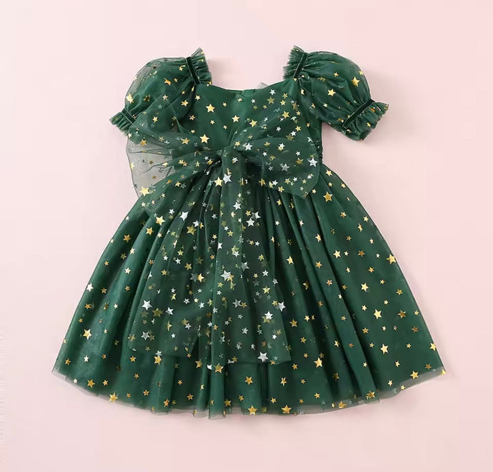 Kids girls Christmas Luxe Puff Tulle Dress - Green Stars - Fox Baby & Co