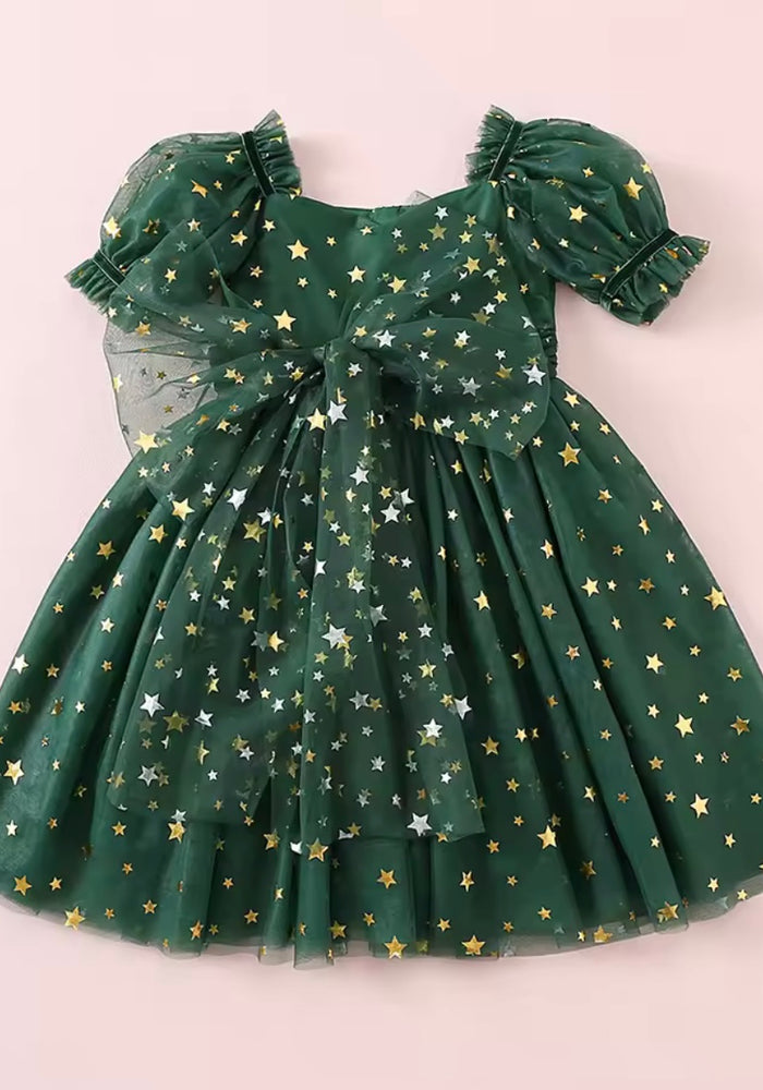 Kids girls Christmas Luxe Puff Tulle Dress - Green Stars