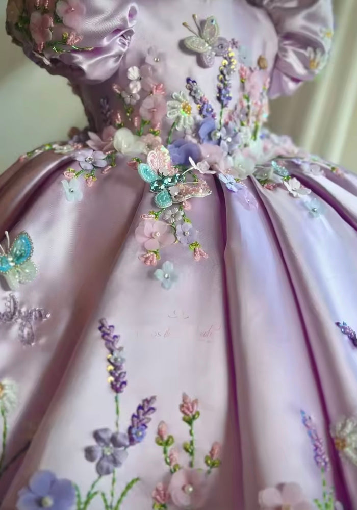 Vintage Floral Little Girls Luxe Dress - lilac