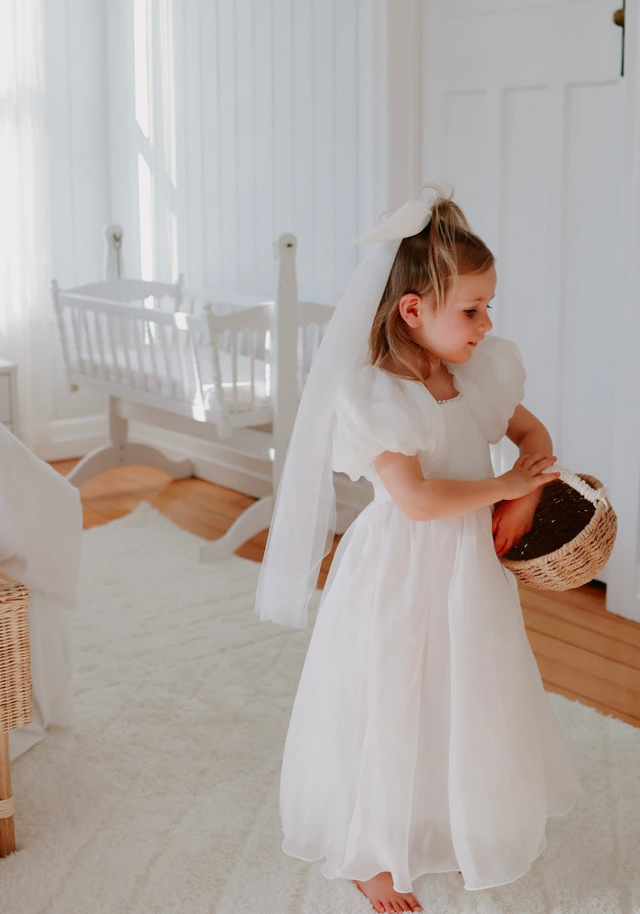 Kid little girl Pearl Flower girl Tulle Dress with matching hair bow - Fox Baby & Co