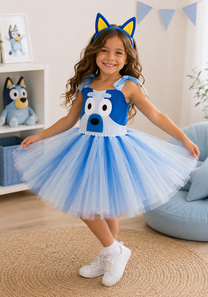 Bluey Inspired Tulle Party Dress & Headband Set 💙🐾