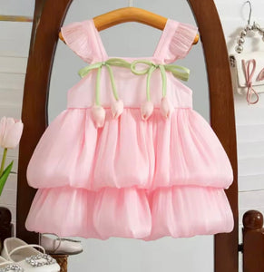 Spring Tulip Puff Frill Dress - Pink