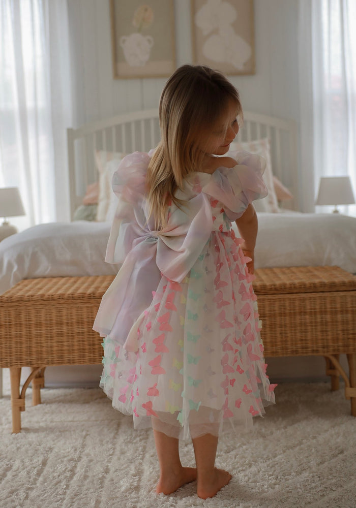 Bella Butterfly Flower Girl Kids Puff Sleeve Luxe Party Dress - Rainbow - Fox Baby & Co