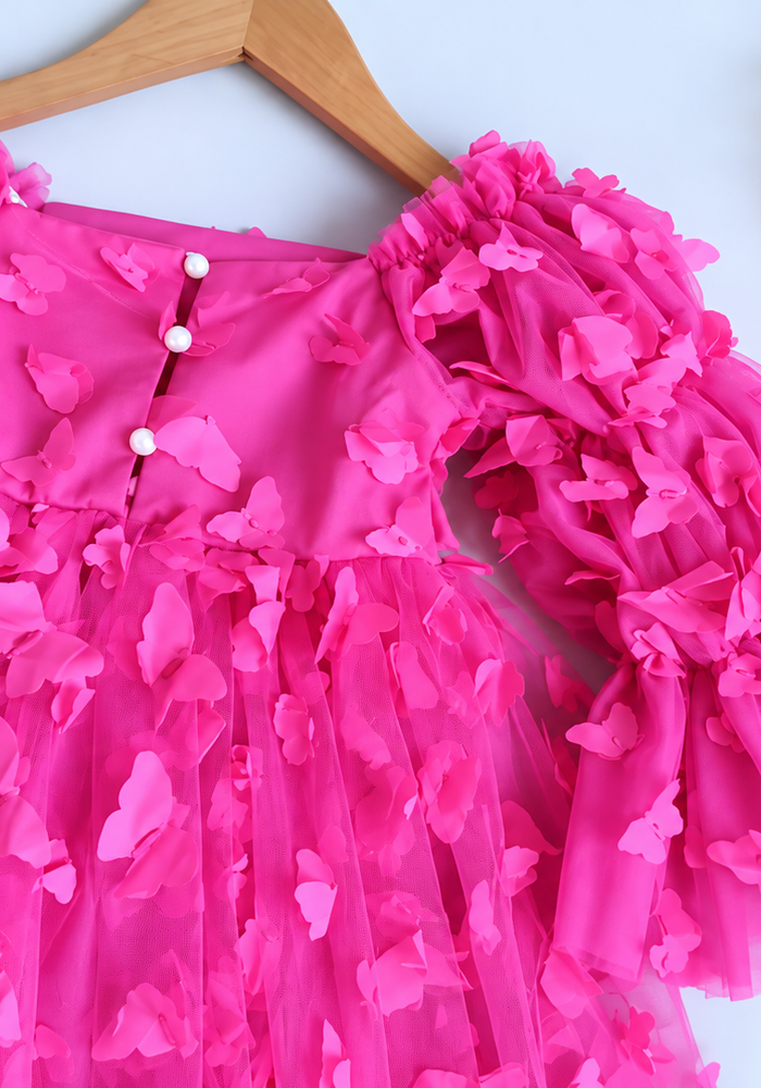 Flowergirl Butterfly Wonderland Long Sleeve Luxe Tulle Dress - Pink