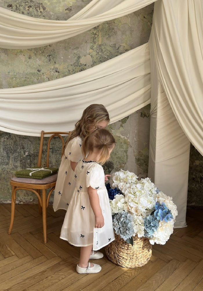 Kids girls French Luxe Bow Puff Dress - Black/ivory (pre order) - Fox Baby & Co