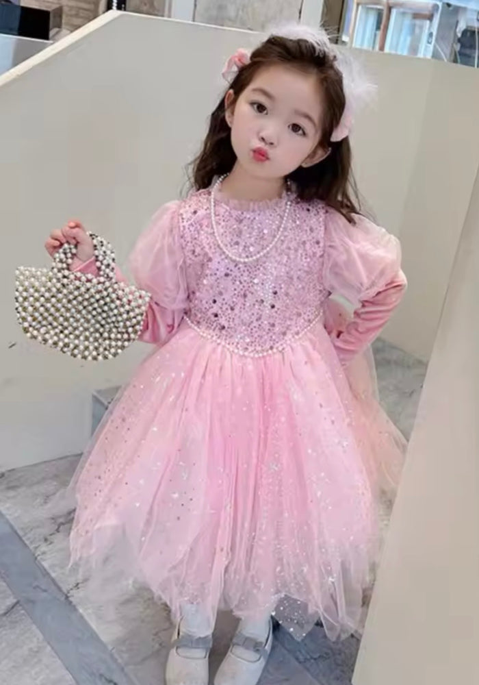 Aurora luxe Sparkle Princess Birthday Long Sleeve Party Dress Costume & Cape - Pink