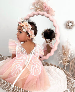 Kids little Girls Aurora Tutu Tulle Fairy Romper - Peach Rainbow