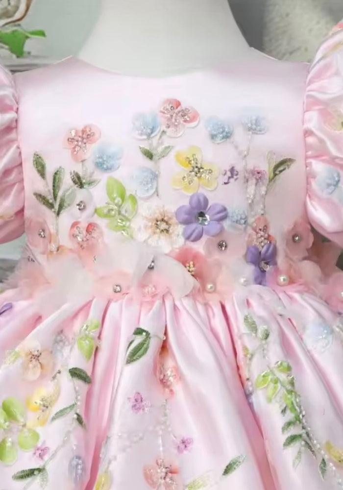 Pretty Floral Little Girls Luxe Dress - Baby Pink