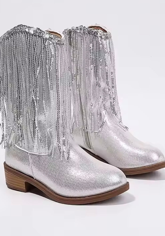 ✨ Silver Sparkle Fringe Cowgirl Boots