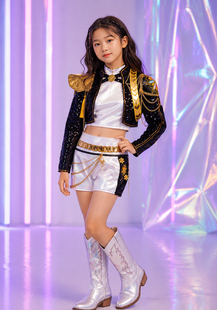 Kids Girls Kpop Style Demon Hunter Luxe Holographic Sequin SHORTS Outfit Accessories Set