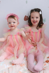 Kids little Girls Aurora Tulle Fairy Birthday Dress - Peach Rainbow