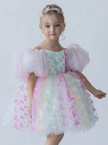 Bella Butterfly Flower Girl Kids Puff Sleeve Party Dress - Rainbow - Fox Baby & Co