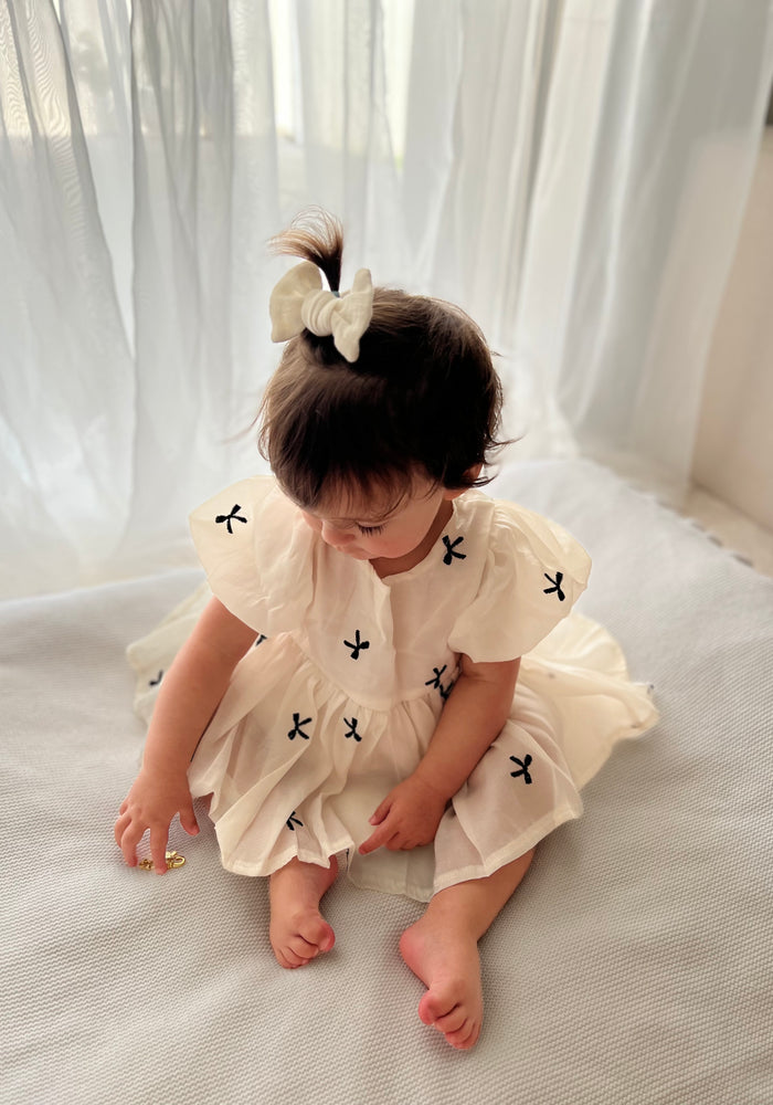 Baby Girls French Luxe Bow Puff Frill Romper - Black/Ivory