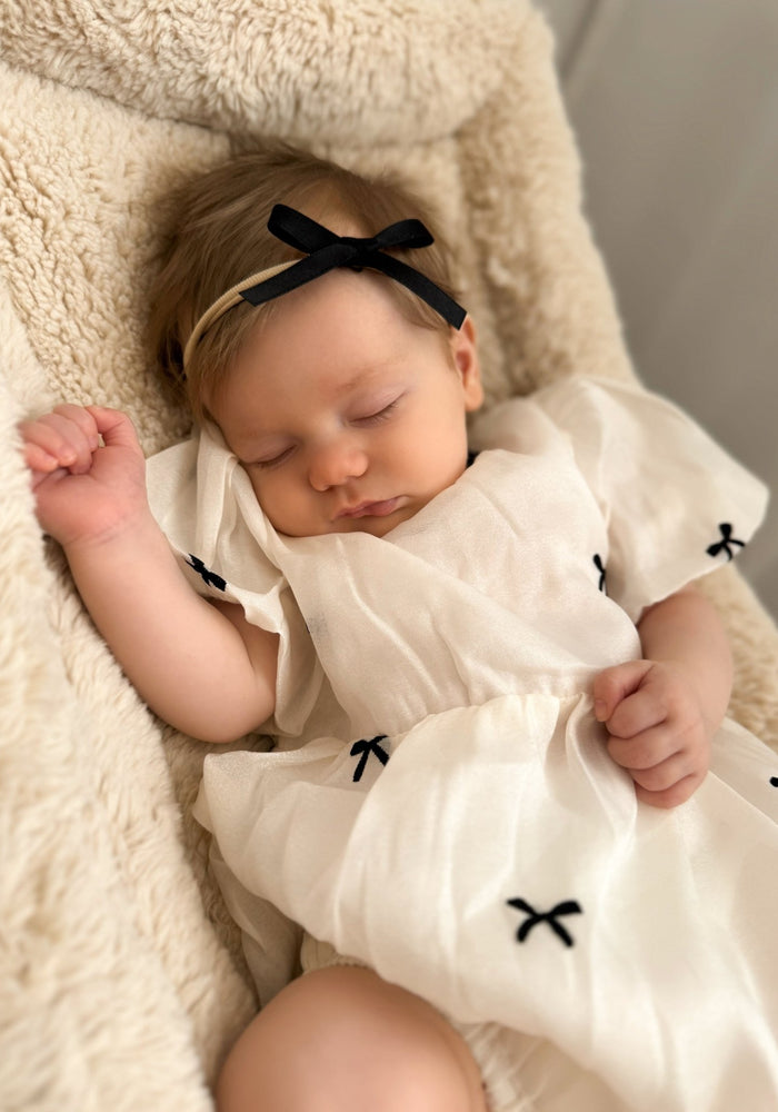 Baby Girls French Luxe Bow Puff Romper - Black/Ivory (pre order) - Fox Baby & Co