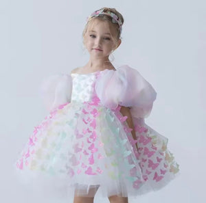 Bella Butterfly Flower Girl Kids Puff Sleeve Party Dress - Rainbow - Fox Baby & Co