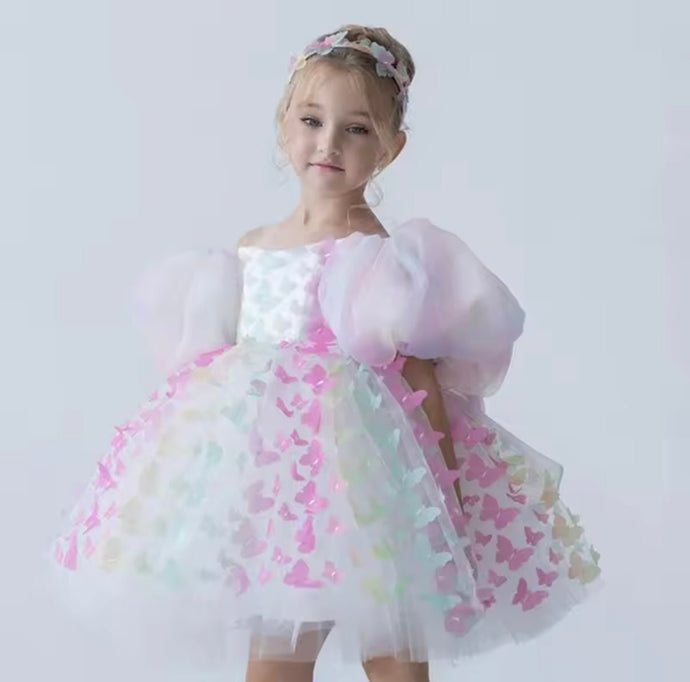 Bella Butterfly Flower Girl Kids Puff Sleeve Party Dress - Rainbow - Fox Baby & Co