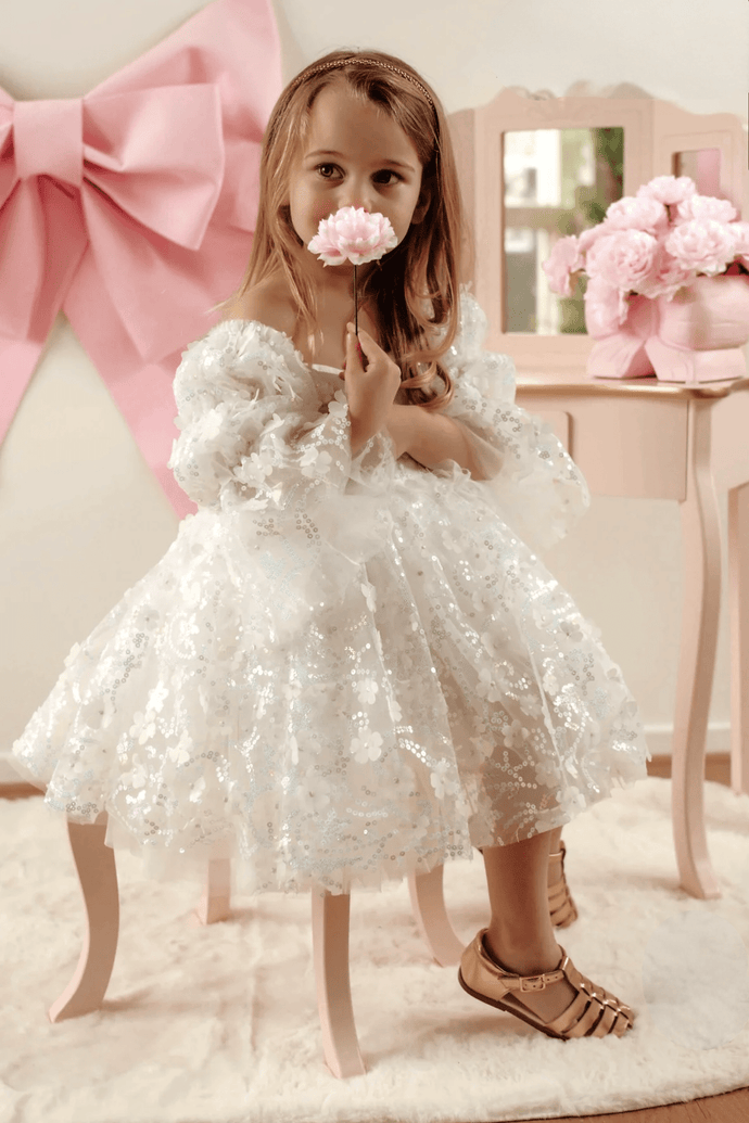 Flowergirl Sparkle Wonderland Long Sleeve Luxe Tulle Dress - White (pre order) - Fox Baby & Co