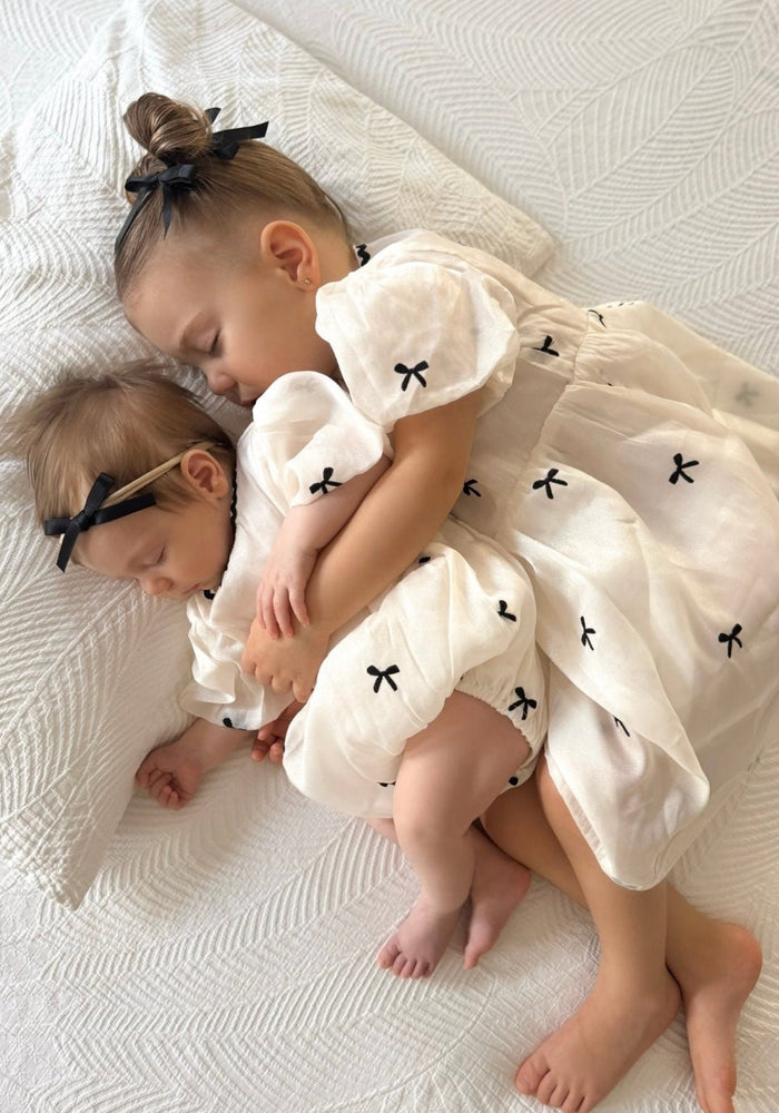 Kids girls French Luxe Bow Puff Dress - Black/ivory (pre order) - Fox Baby & Co