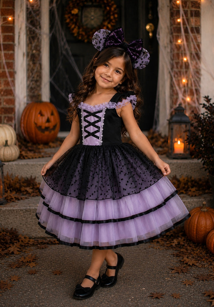 Whimsical Halloween Purple Witch Dress & Headband