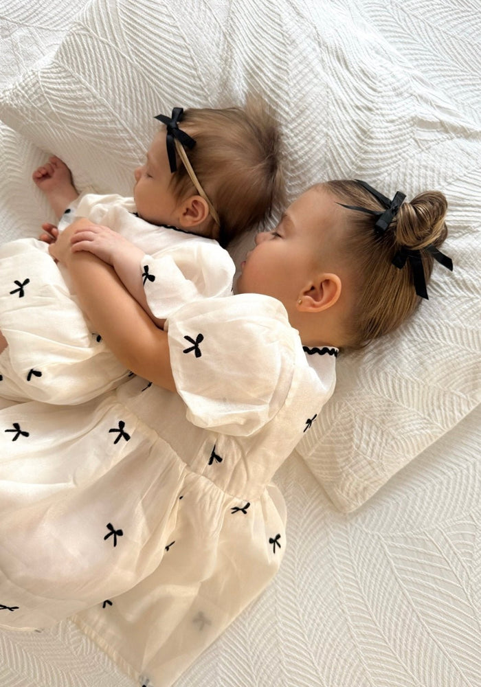 Kids girls French Luxe Bow Puff Dress - Black/ivory (pre order) - Fox Baby & Co