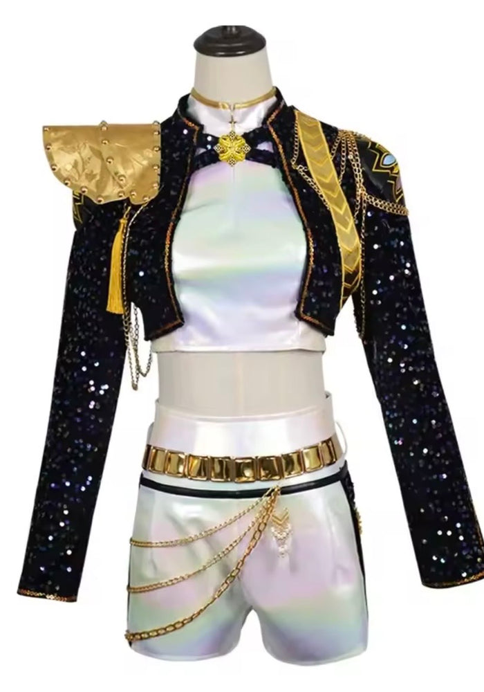 Kids Girls Kpop Style Demon Hunter Luxe Holographic Sequin SHORTS Outfit Accessories Set