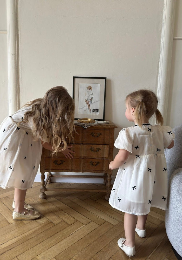 Kids girls French Luxe Bow Puff Dress - Black/ivory (pre order) - Fox Baby & Co